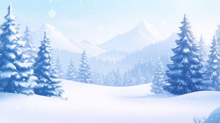 A serene winter landscape featuring snow-covered mountains and evergreen trees.