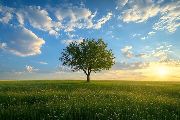 Obraz premium Lonely Tree in a Field at Sunset with Dramatic Sky