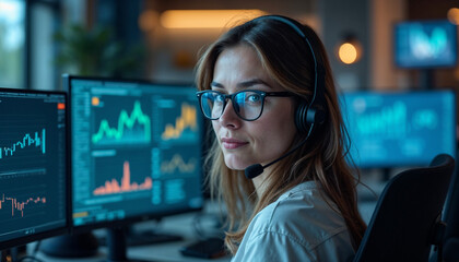 Focused female IT technician in a modern office, assisting with technology and data inquiries.






