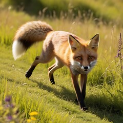 Fototapeta premium This captivating photograph showcases a wild fox stealthily stalking through tall grass, perfectly capturing its natural instincts and agility.