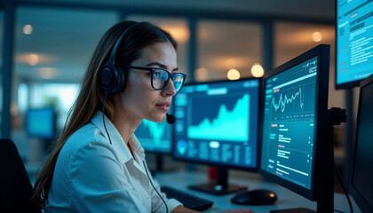 Focused female IT technician in a modern office, assisting with technology and data inquiries.






