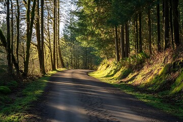 Obraz premium Winding dirt road through green forest with sun shining through the trees
