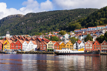 The Bryggen district of Bergen, Norway. It is a historic harbor. . The colorful warehouses date from the 14th century as part of the Hanseatic League's trading empire.