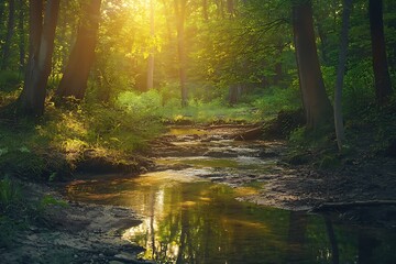 Obraz premium Sunlight shining through the trees in a green forest with a creek and water reflections