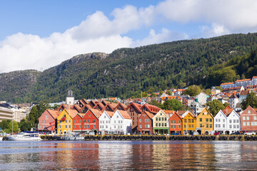 Fototapeta premium The Bryggen district of Bergen, Norway. It is a historic harbor. . The colorful warehouses date from the 14th century as part of the Hanseatic League's trading empire.