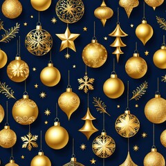 A festive pattern featuring golden Christmas ornaments on a dark blue background.