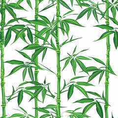 Fototapeta premium Seamless pattern with green bamboo stalks and leaves on a white background.