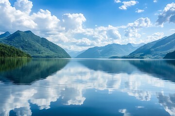 Fototapeta premium Tranquil Mountain Lake with Blue Sky and White Clouds Reflection