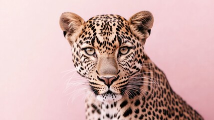 Obraz premium A close-up of a leopard against a soft pink background, showcasing its striking features.