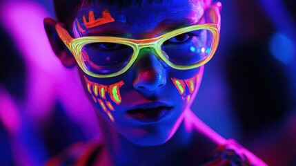 A close-up of a child with neon face paint and glasses, set against a colorful background.