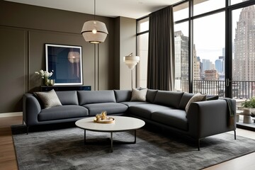 Charcoal Grey Sectional Sofa in a Modern Chic Lounge with Large Window