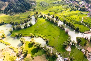  Aerial landscape in Quay Son river, Trung Khanh, Cao Bang, Vietnam with nature, green rice fields and rustic indigenous houses. © VietDung