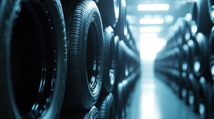 A warehouse filled with stacked tires, showcasing an organized storage space for automotive products.