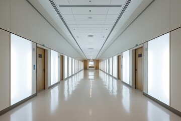 Obraz premium Illuminated Medical Corridor Featuring Bright White Surfaces and Abundant Natural Light