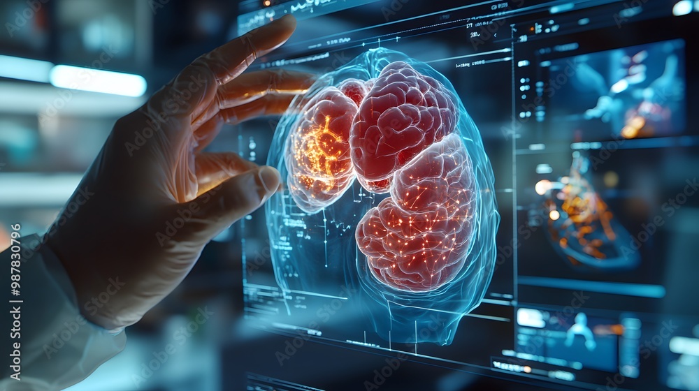 Poster a gloved hand interacts with a digital rendering of the brain on a computer screen.