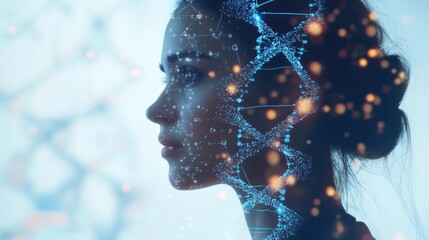 A profile of a woman with a digital DNA strand overlay, symbolizing genetics and innovation.