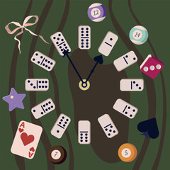 Domino clock with billiard balls, bow and cube as a symbol of time for play and relaxation, flat, vector