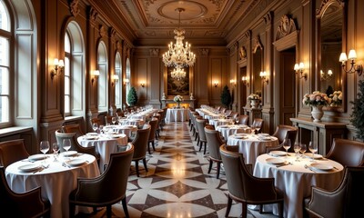 A long dining room with tables, chairs, and a stunning chandelier