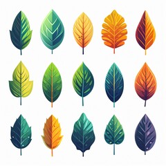 Obraz premium Set of 18 colorful cartoon leaves isolated on white.