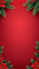 A festive red background adorned with green leaves and red flowers, perfect for holiday greetings.