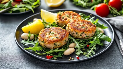 Tuna Patties or small fish cakes made with canned tuna, white beans, herbs and potato served on a plate with arugula salad and lemon wedges. Selective focus, gray concrete background. Horizontal