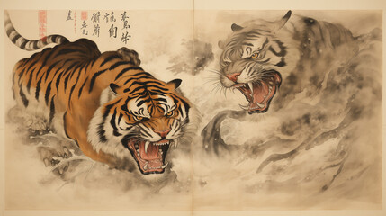 Traditional Japanese ink painting of two tigers in a dynamic and fierce confrontation