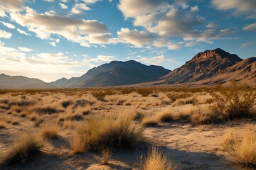 Desert landscape with mountains and blue sky with white clouds in the background