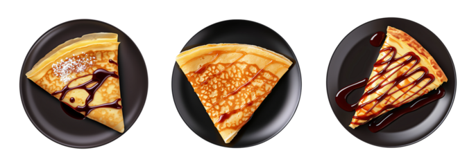 Crepes folded into triangles and drizzled with various toppings on black plates create a tempting breakfast or dessert presentation