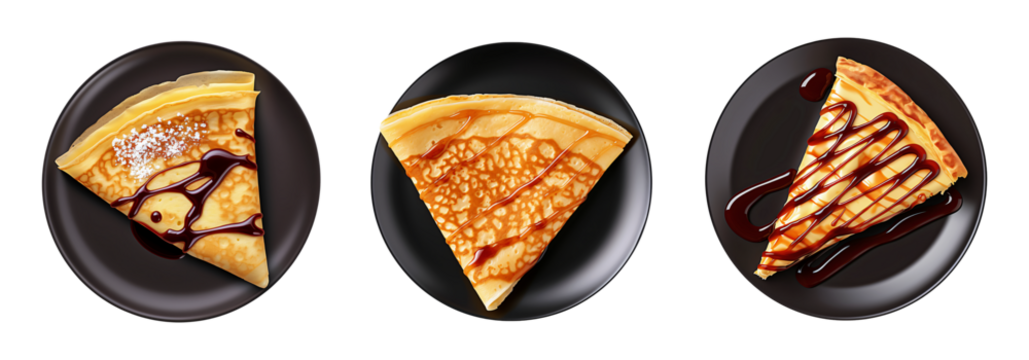 Crepes folded into triangles and drizzled with various toppings on black plates create a tempting breakfast or dessert presentation