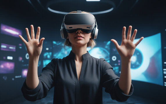 Mujer con casco de realidad virtual en el metaverso ciberpunk