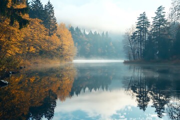 Misty Morning Lake Reflections in Autumn Forest