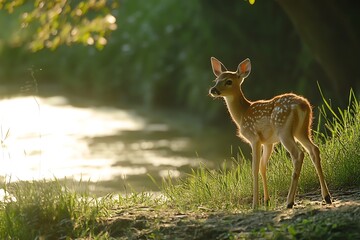 Fawn standing by a river in a forest with dappled sunlight