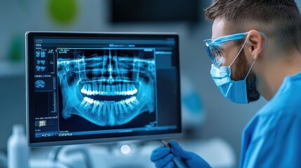 Dentist Examining Teeth X ray on Computer Screen