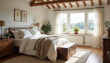 Obraz premium Cozy modern farmhouse living room with a leather sofa, gas fireplace, and inviting decor.