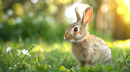 Fototapeta premium A cute brown rabbit sits in a field of green grass, looking towards the camera with a curious expression. The sun shines through the trees in the background.