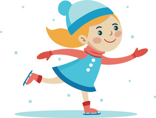 Cute girl ice skating. Winter outdoor sport activity. Vector flat illustration