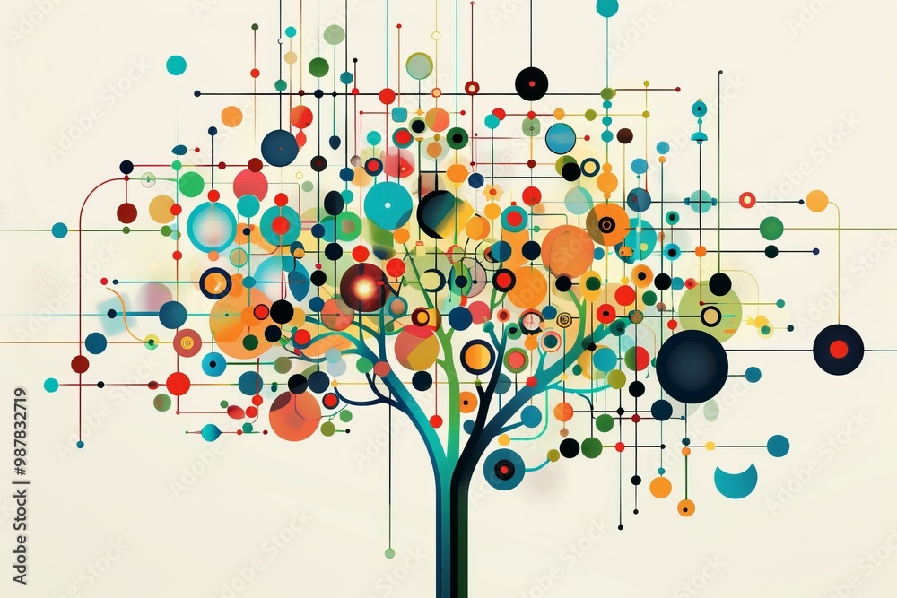 Poster abstract tree growing with colorful connections representing data connection, big data, internet and