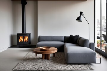 Grey Sectional Sofa with Wood-Burning Stove in Minimalist Urban Lounge Decor Ideas