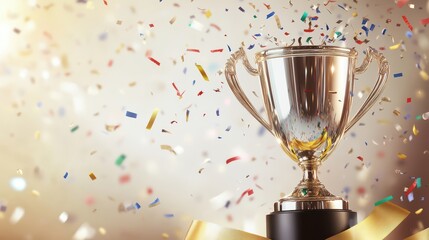 Gold Trophy with Confetti and Ribbon Celebration