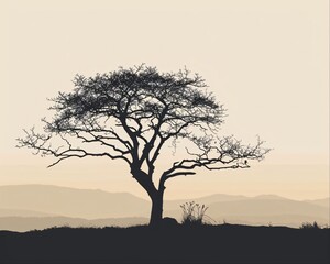 Silhouette of a tree on a hill with a hazy mountain range in the background.