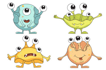 A set of four round colourful monsters. Funny cartoon aliens. Cute fairy tale character. Funny microbe.