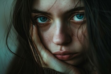Fototapeta premium Close up of a sad young woman with blue eyes holding her head in her hand