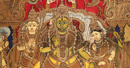 Close-up view on Ramapattabhisheka tableau. scene has Rama and Sita on throne. couple is flanked by Ramas brothers, Vibhishana, allies, rishis, kings, and noblemen