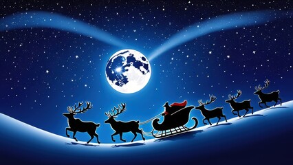 Naklejka premium A festive scene depicting Santa's sleigh being pulled by reindeer under a full moon.