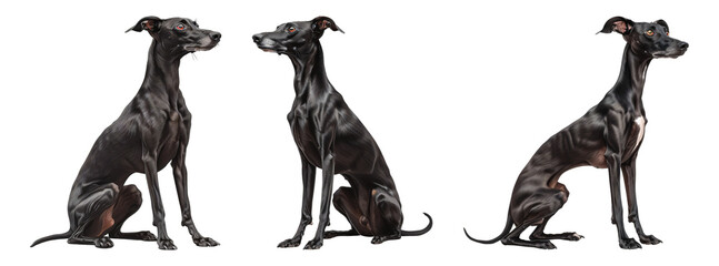 Black Italian Greyhounds in various seated poses showcase their slender build and attentive expressions