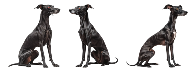 Black Italian Greyhounds in various seated poses showcase their slender build and attentive expressions
