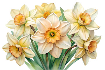 botanical style illustration of a luster of daffodils isolated on transparent background