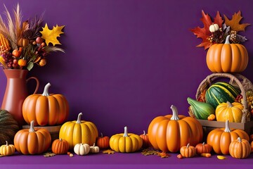 Vibrant 3D Pumpkins and Fall Harvest on Striking Purple Background for Thanksgiving Festivities