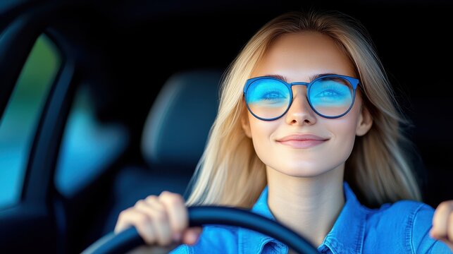 Woman driving car with blue glasses