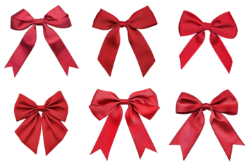 Collection of red ribbon bows on transparent background
